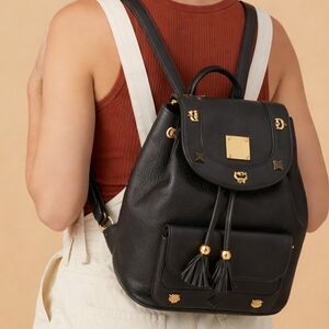MCM Black Leather Backpack with Gold Accents